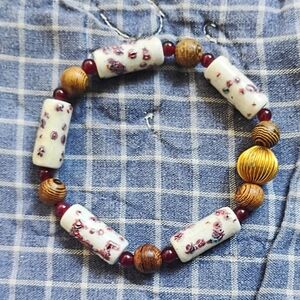Handmade Ceramic, Ruby, And Wood Beaded Stretch Bracelet